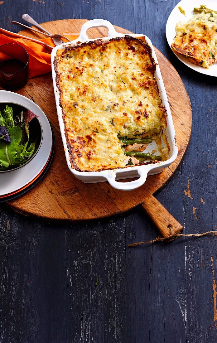 Salmon, leek and green asparagus lasagne