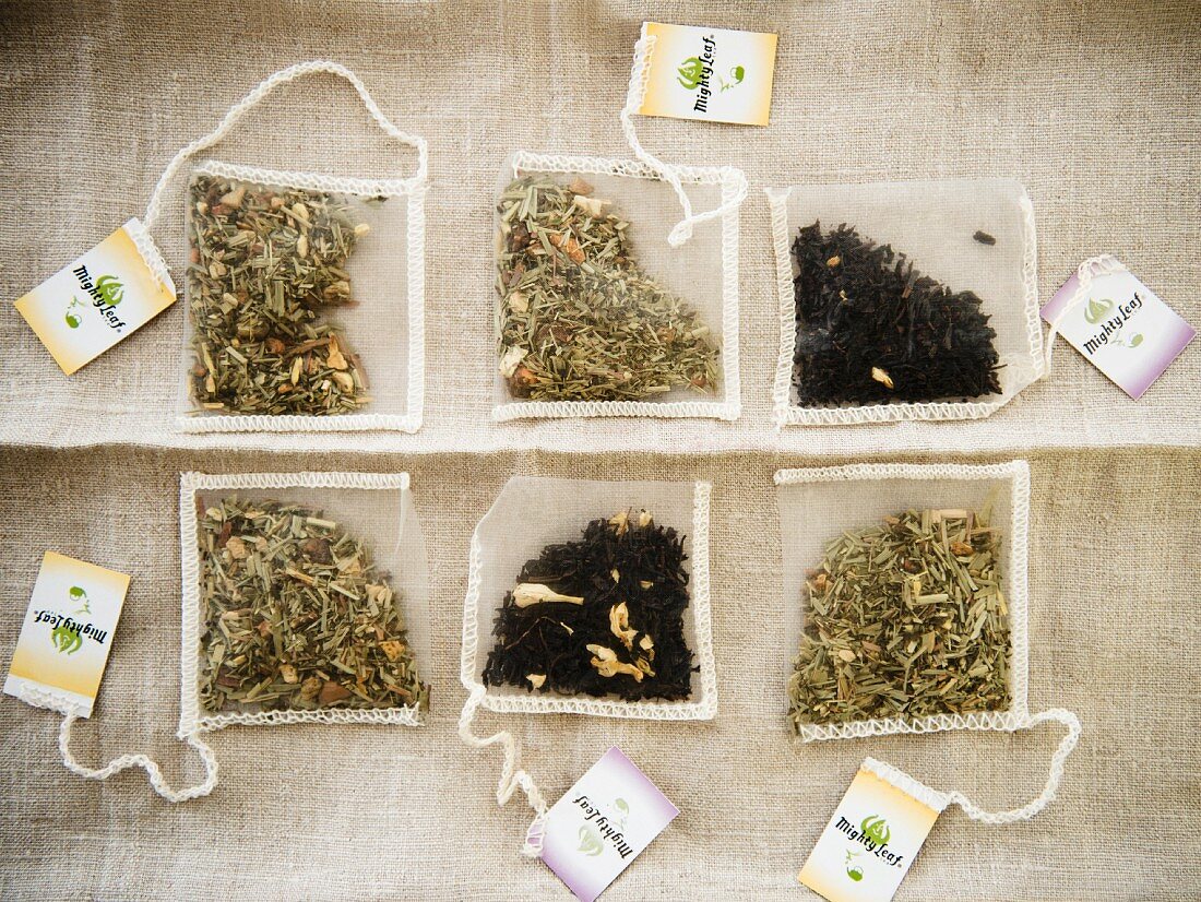 Six different herbal teas and aromatic black teas in teabags