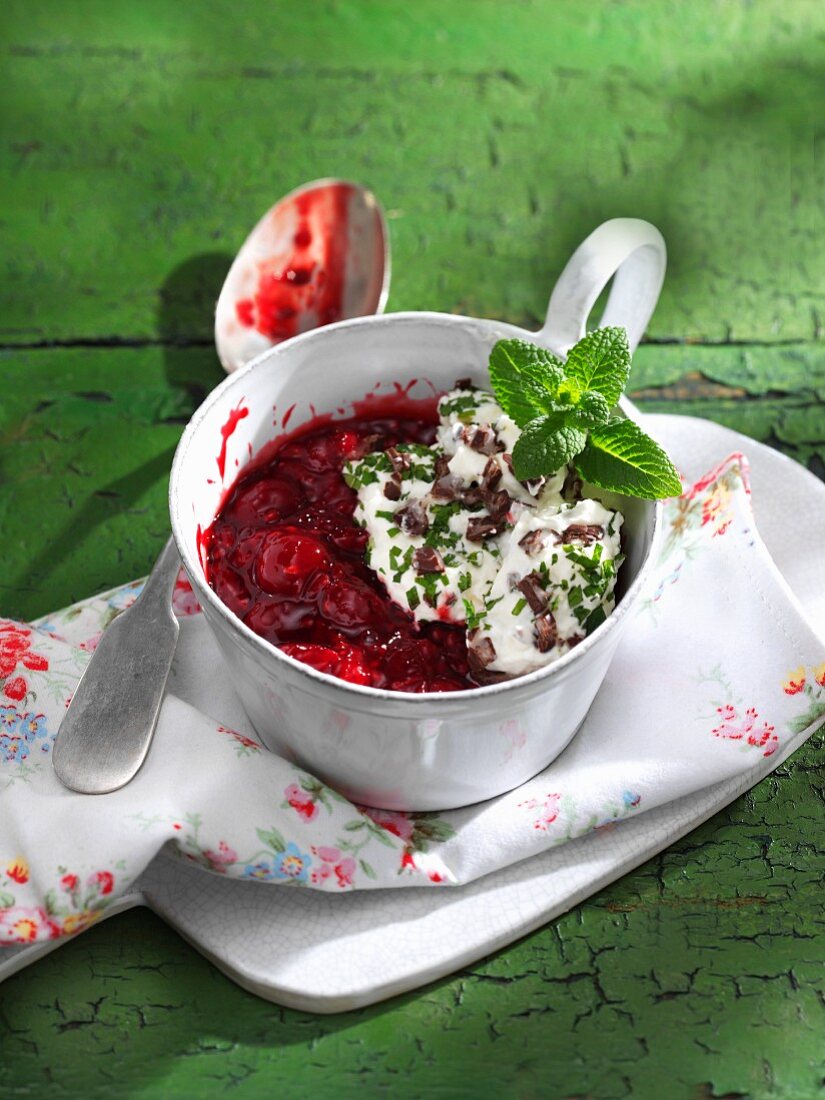 Red berry compote with chocolate and mint cream