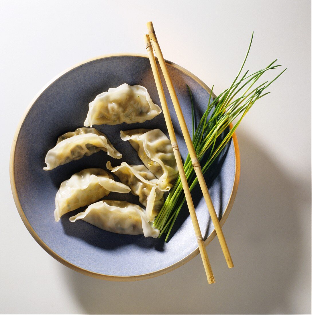 Chinese Ravioli on Plate with Chives