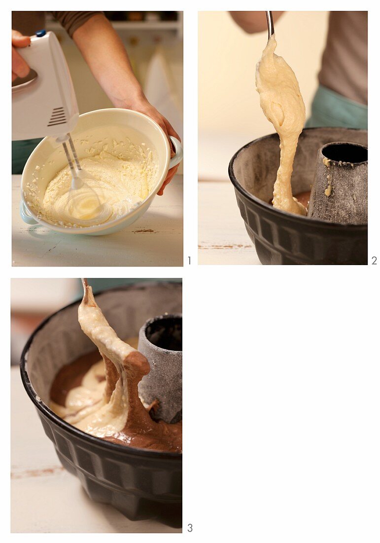 Marble Bundt cake being made