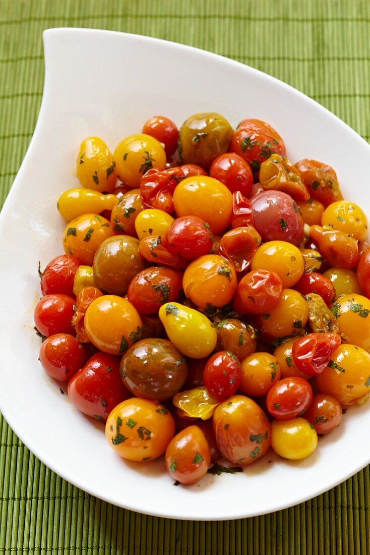 Marinated Cherry Tomato Salad in a White Serving Bowl