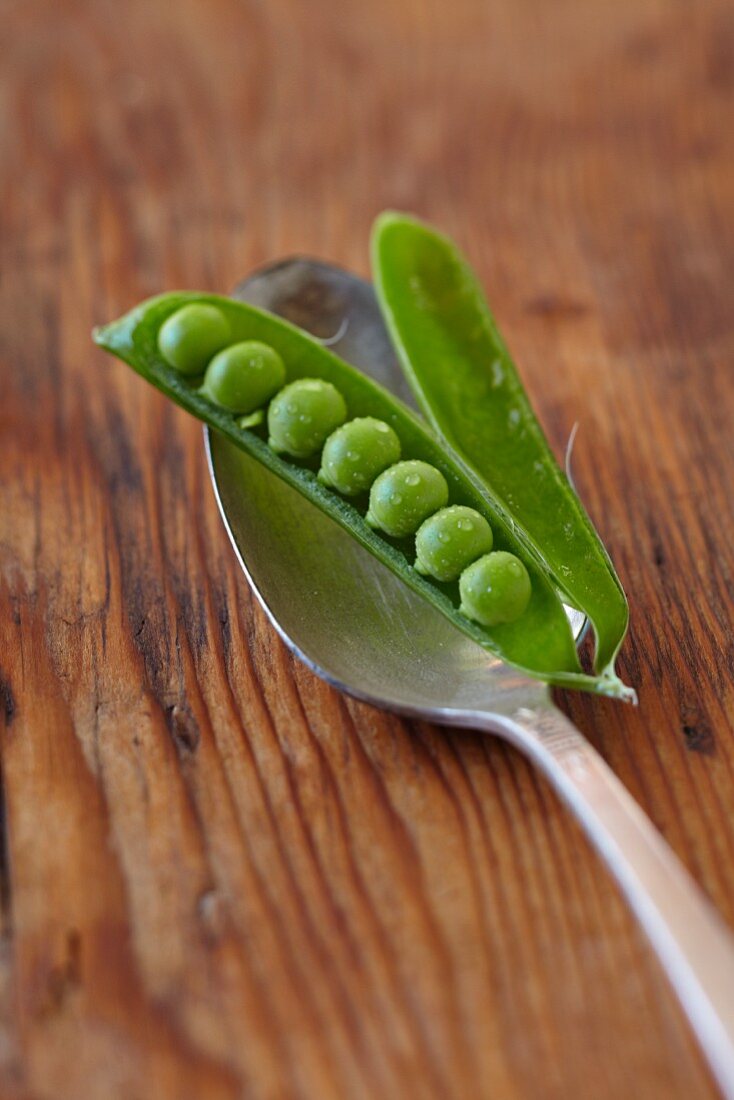 Peas Inside an Open Pea Pod on a Spoon