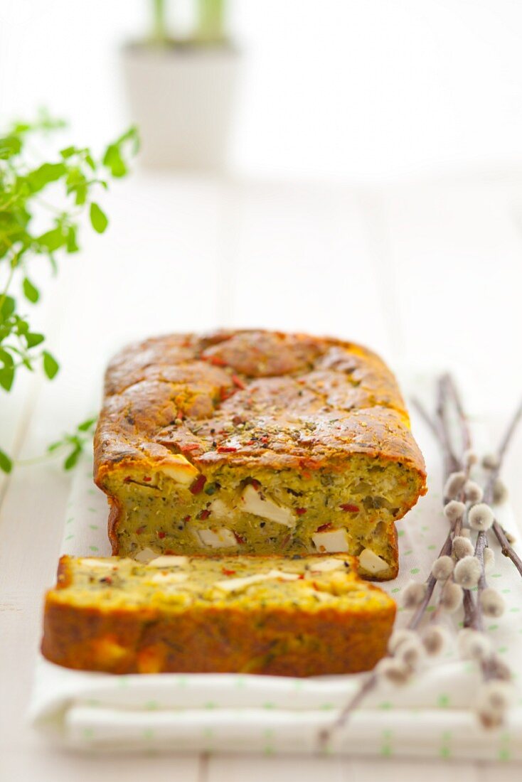 Courgette cake with feta and sundried tomatoes