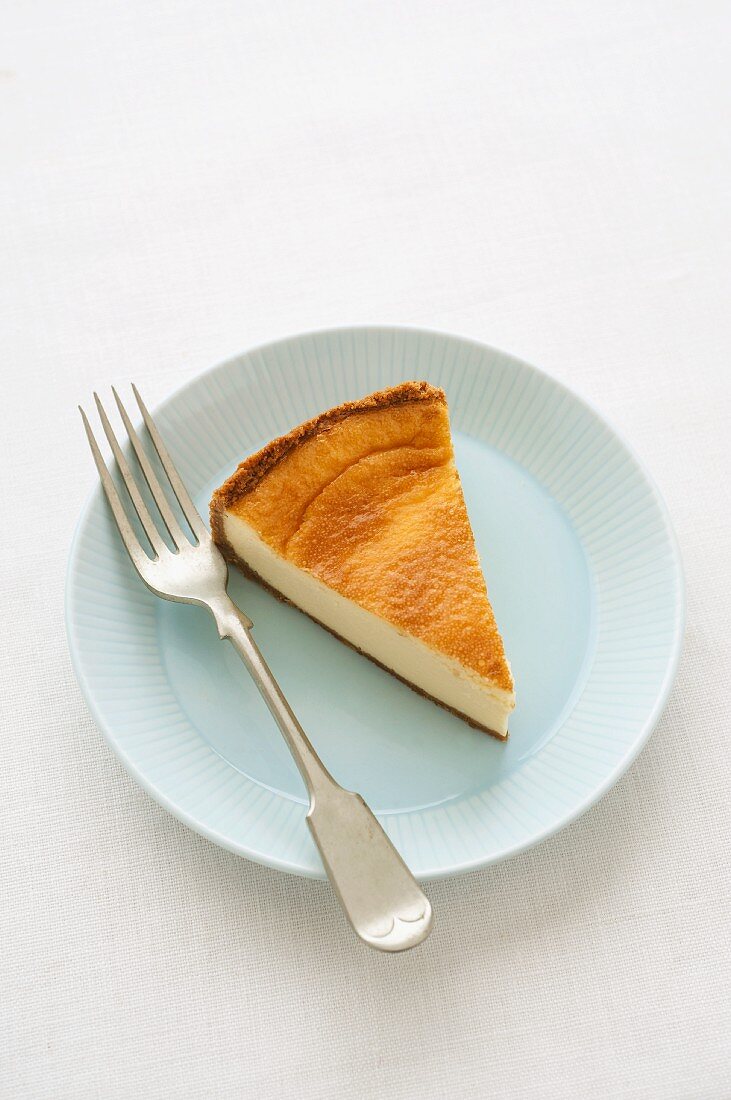 A slice of baked cheesecake on a plate against a white background