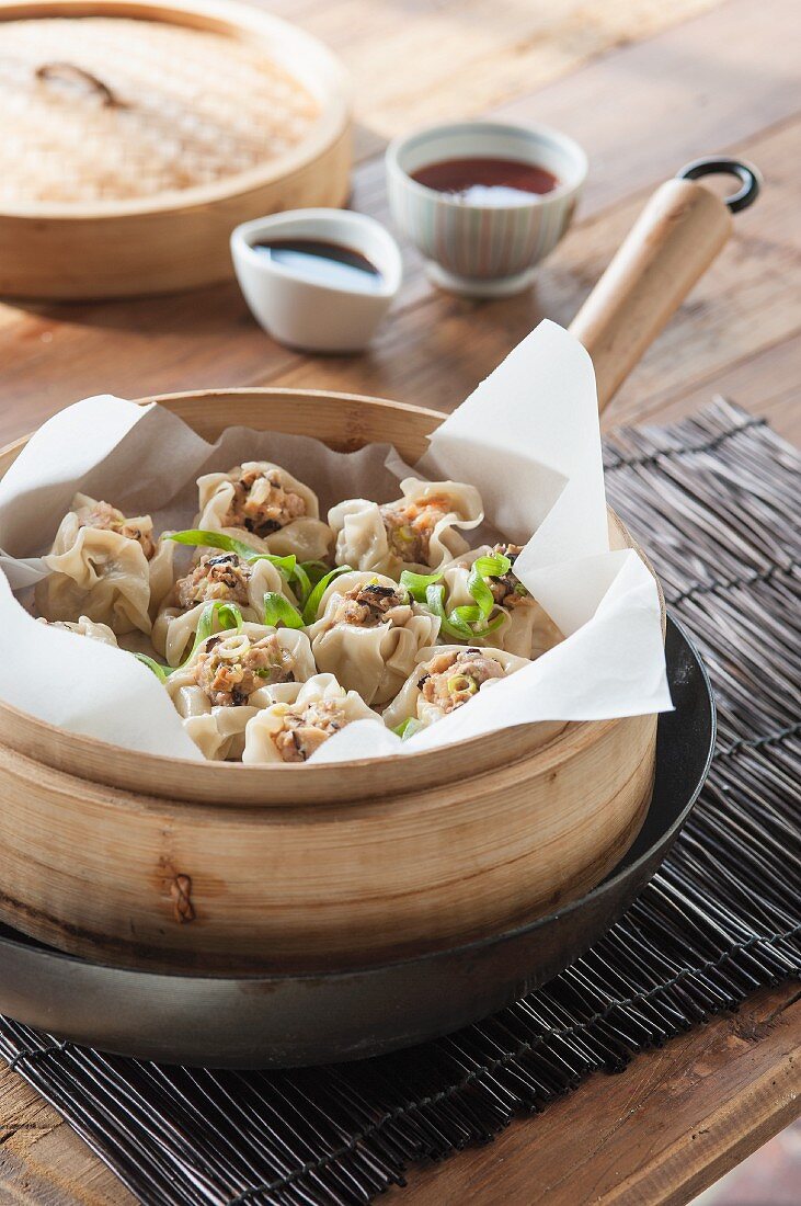 Dim sum in a steamer