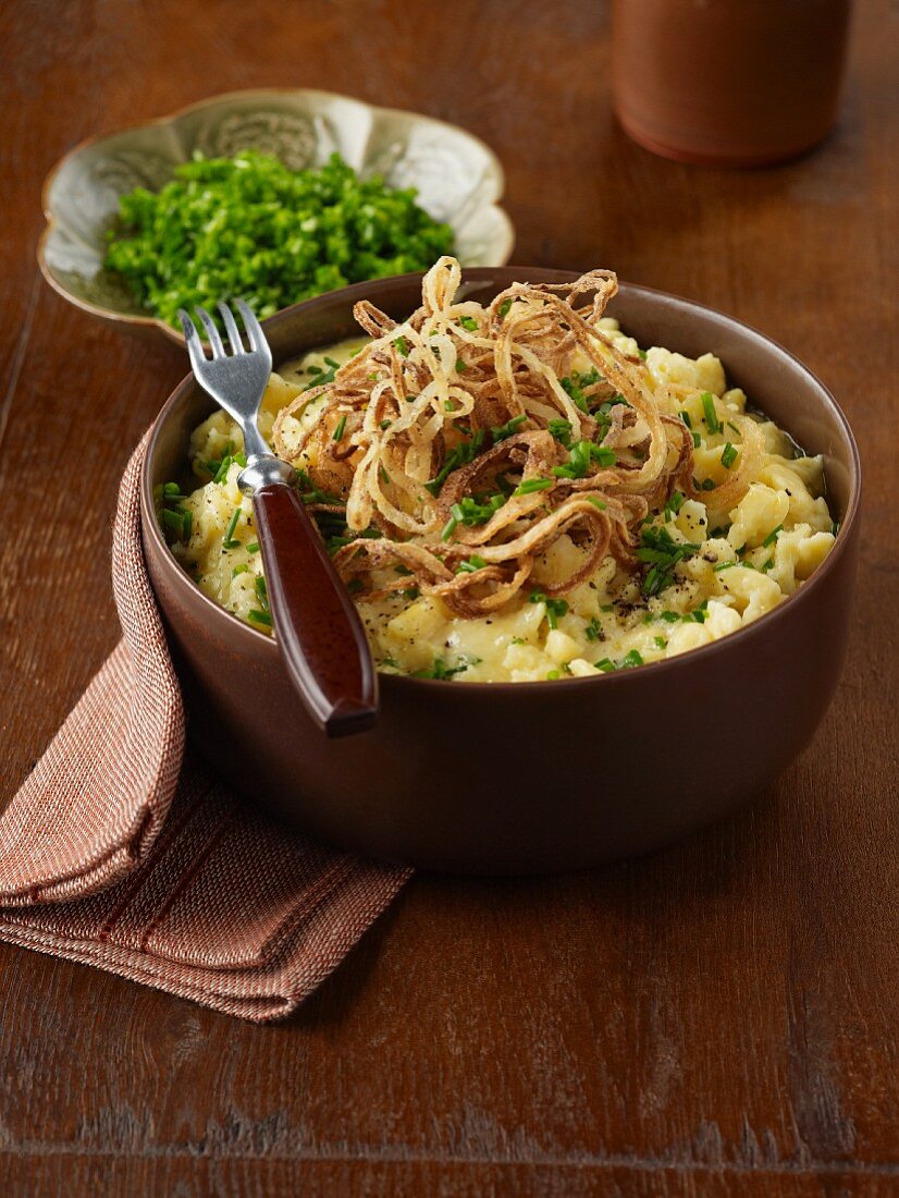 Cheese spaetzle (home-made noodles) with fried onions