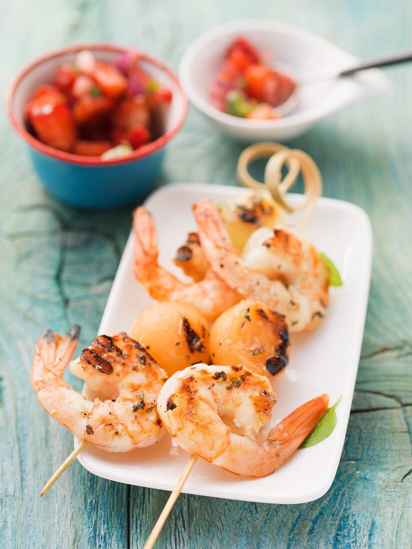 Melon and langoustine skewers with a strawberry & basil salsa