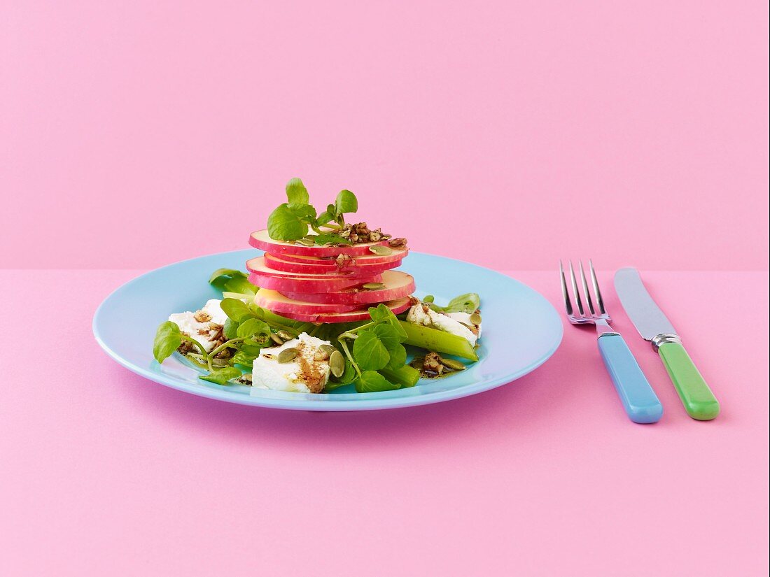 Pink lady apple, feta, walnut and watercress salad, with balsamic dressing