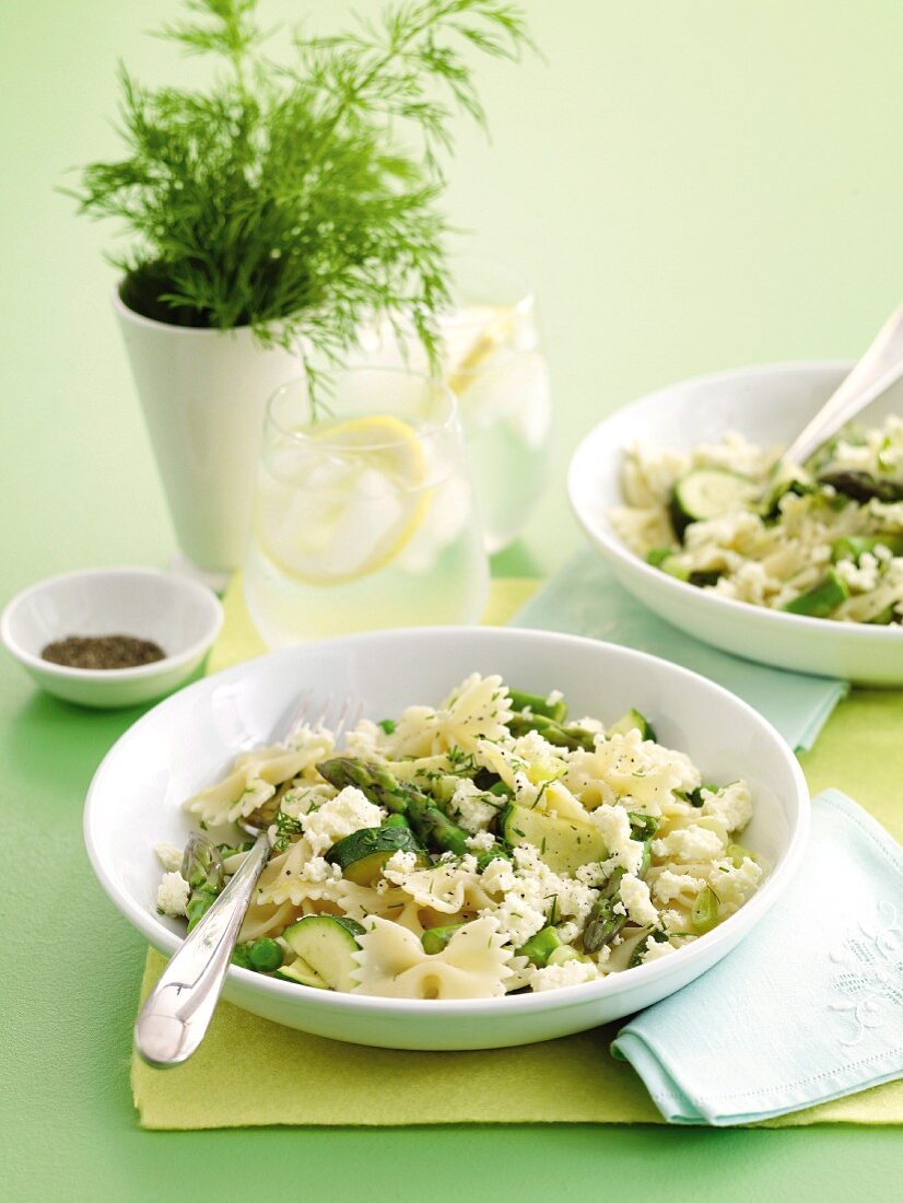 Farfalle with spring vegetables, ricotta and dill