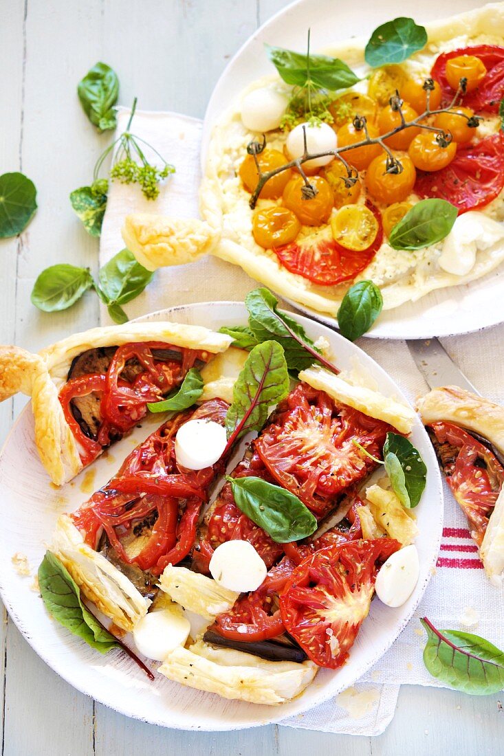 Puff pastry tart with tomatoes, mozzarella and ricotta