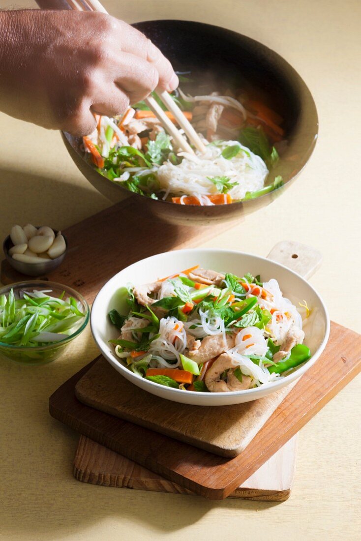 Chicken with sugar snap peas and cellophane noodles