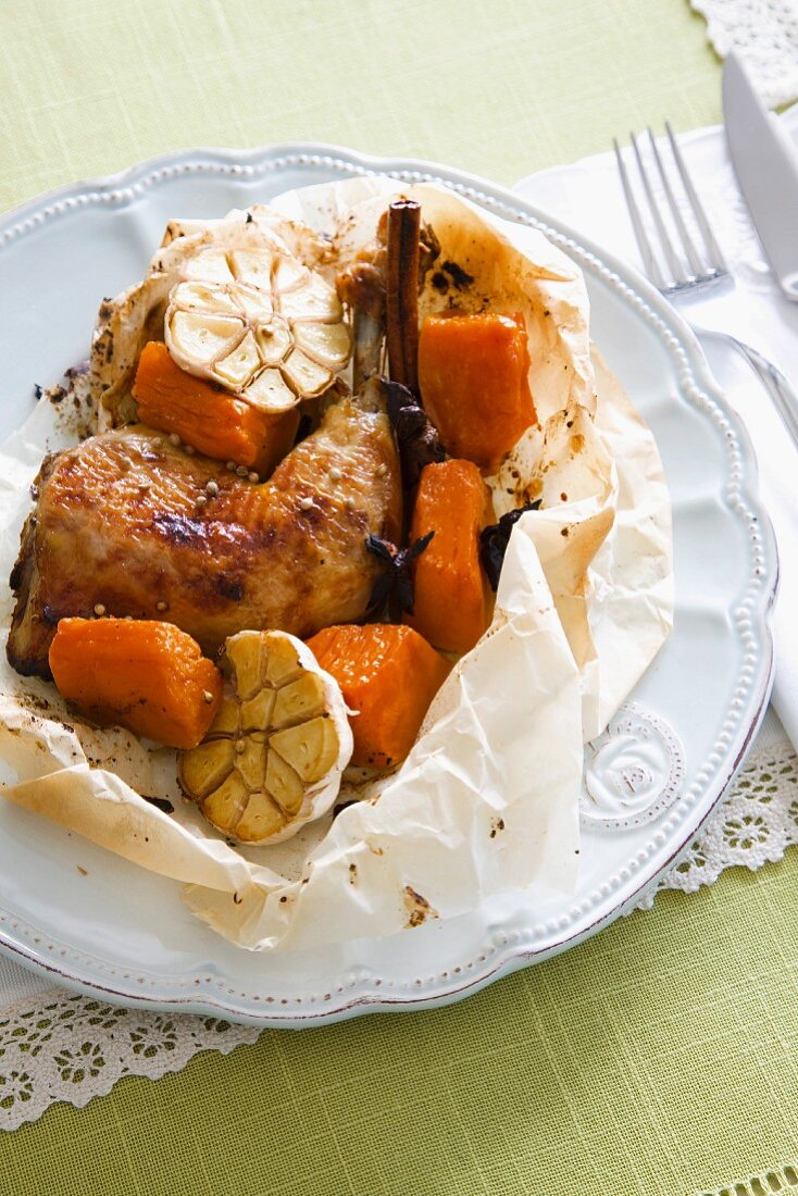 Chicken with garlic and sweet potatoes