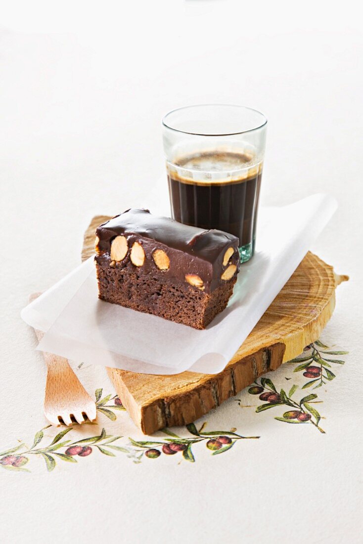 A slice of chocolate and nut cake