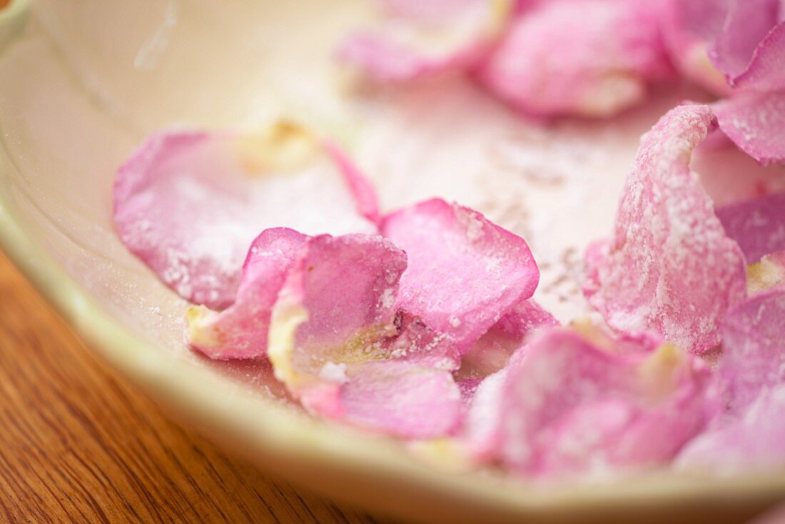 Rose petals in icing sugar