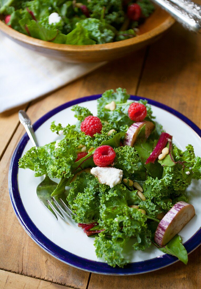 Lollo biondo lettuce with aubergines, raspberries and pine nuts