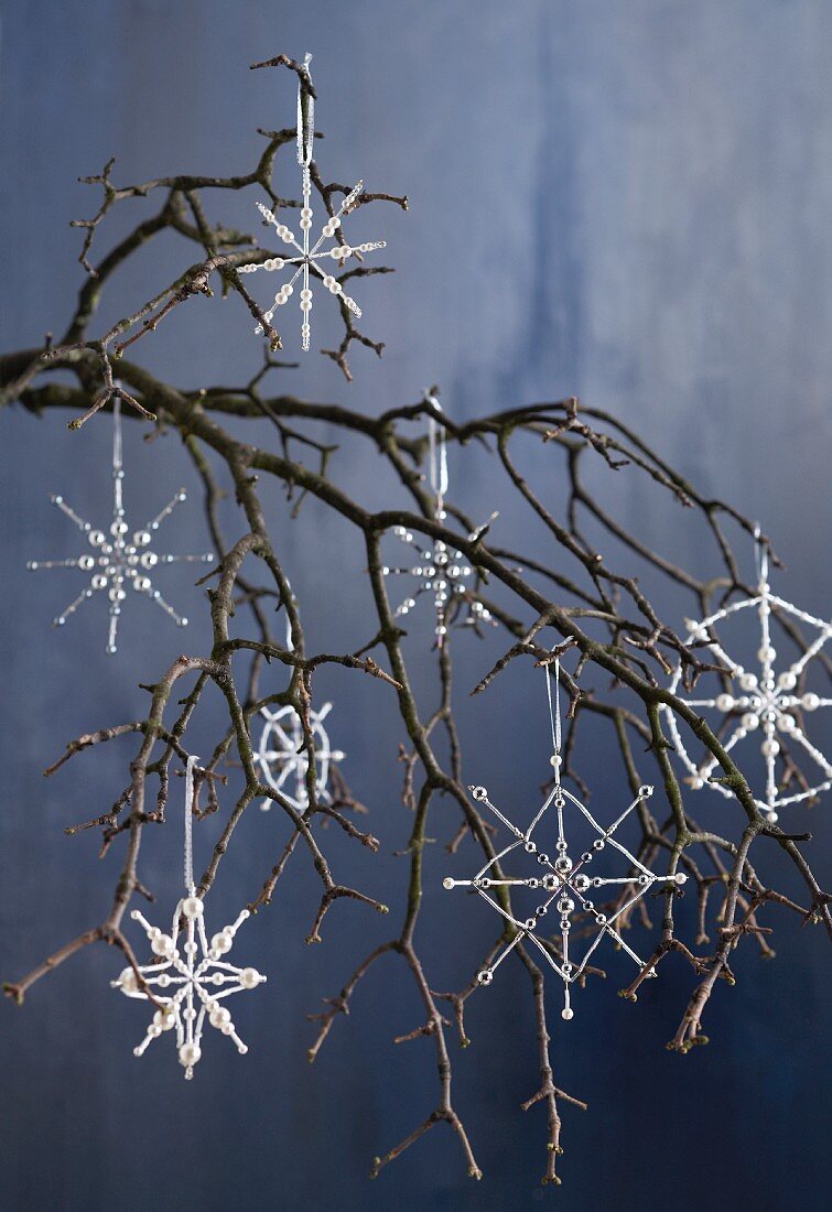 Wire stars decorated with beads as Christmas decorations hanging from branch