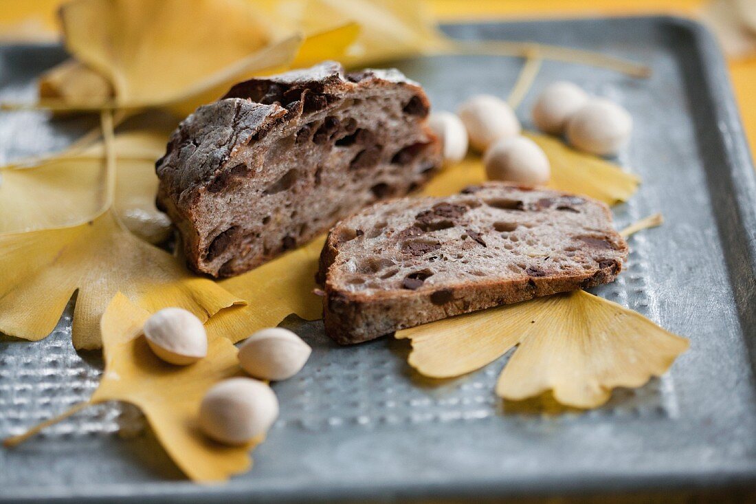 Fig bread and gingko nuts on gingko leaves