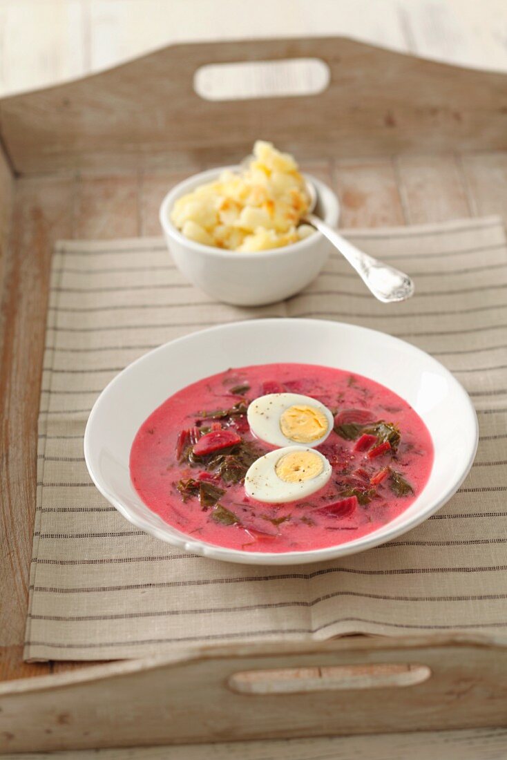 Botwinka (Polish beetroot soup) with egg