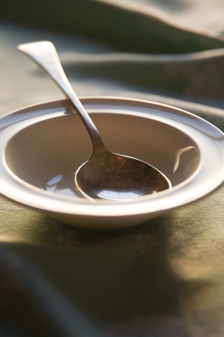 A spoon in an empty soup bowl