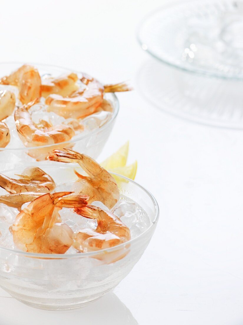 Cooked prawns on ice