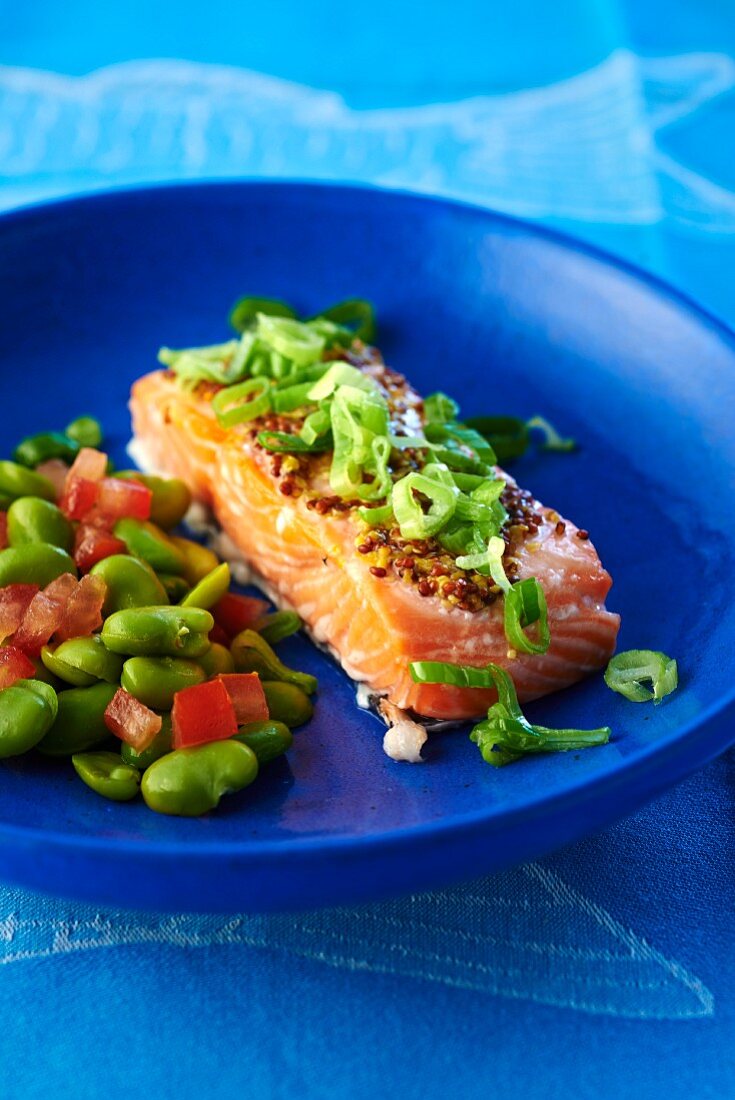 Marinated salmon fillet with grain mustard and bean salad