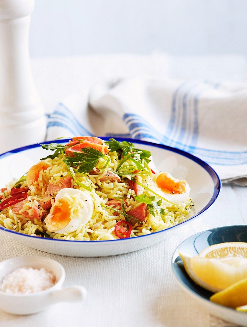 Kedgeree with smoked trout and egg