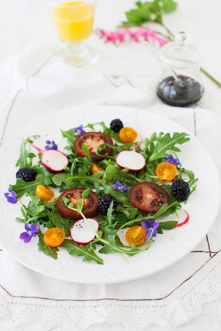 Arugula Salad with Blackberries, Tomatoes, Radishes and Violets