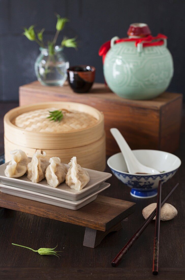 Chicken Dumplings with a Bamboo Steamer and Soy Sauce