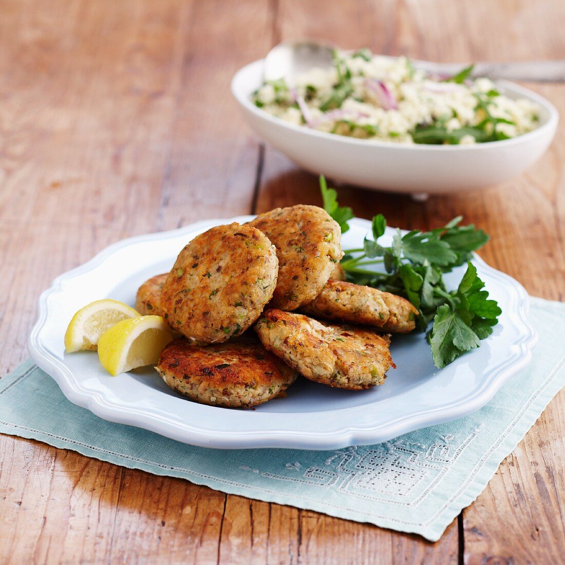 Salmon cakes with couscous salad
