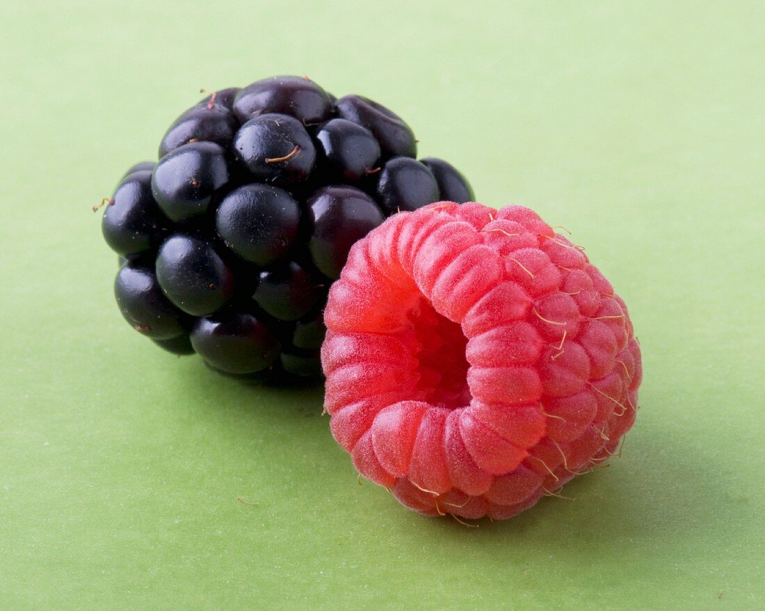 A raspberry and a blackberry (close-up)