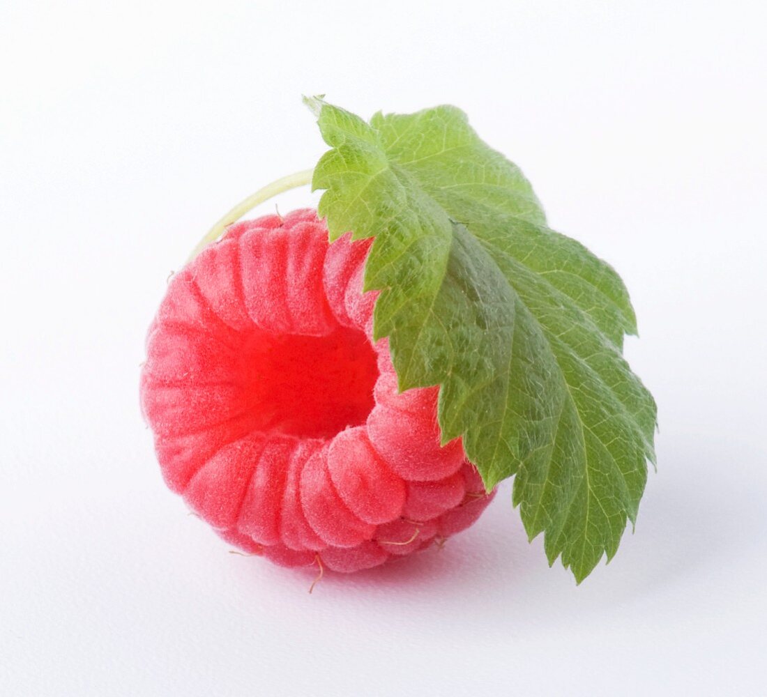 A raspberry with leaf (close-up)