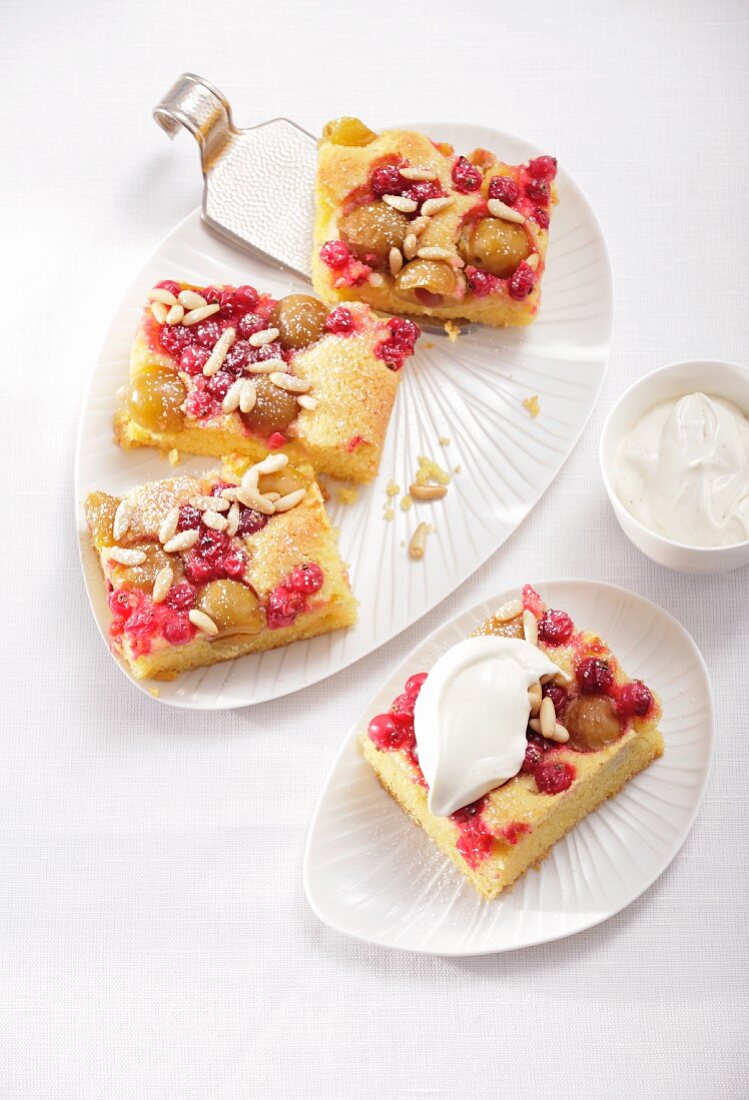 Mirabelle and redcurrant cake, cut into portions