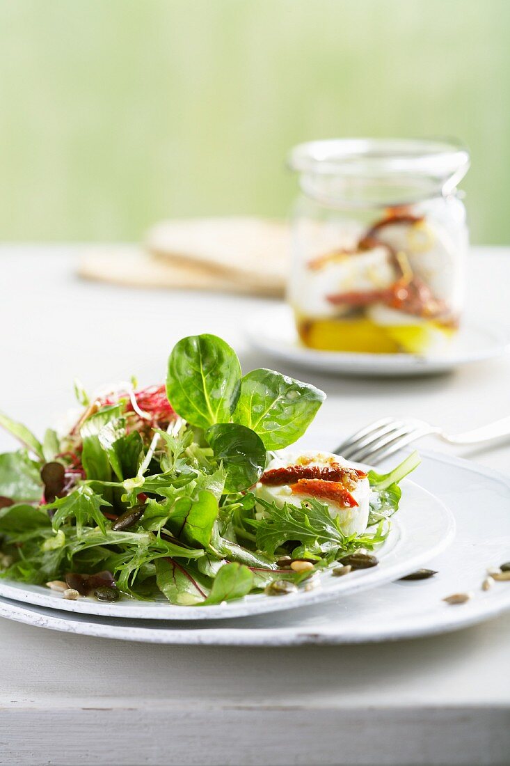 Blattsalat mit Sprossen, Kernen und eingelegtem Ziegenkäse