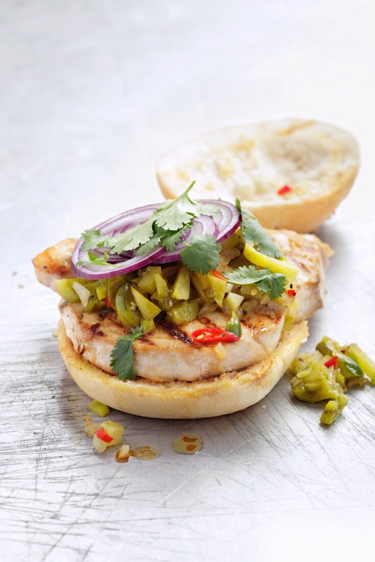 Swordfish burger with onions and coriander