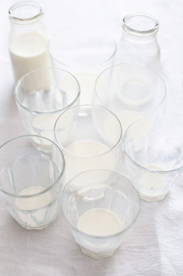 Drunk glasses of milk and milk bottles