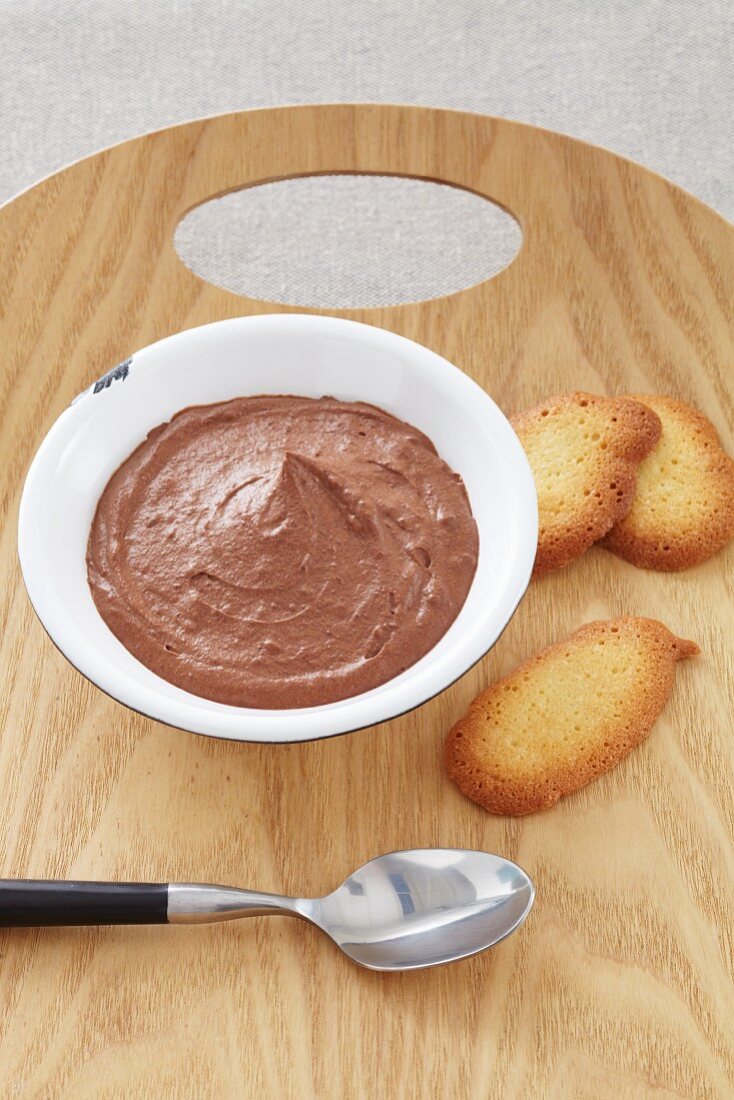 Chocolate mousse and langue de chat biscuits
