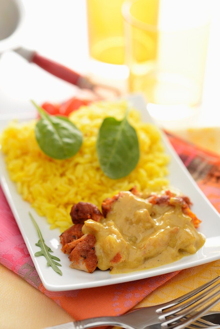 Chicken with turmeric sauce and saffron rice