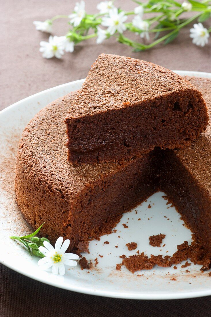 Chocolate cake with a piece cut