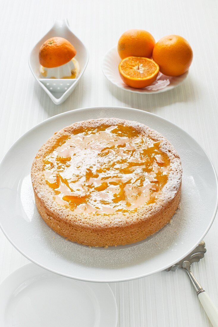 Orangenkuchen auf einem Kuchenständer vor frischen Orangen