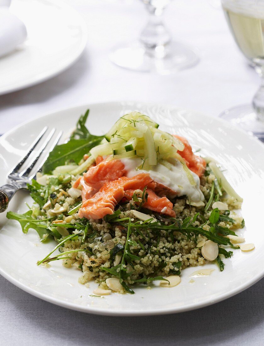 Vegetables couscous with salmon