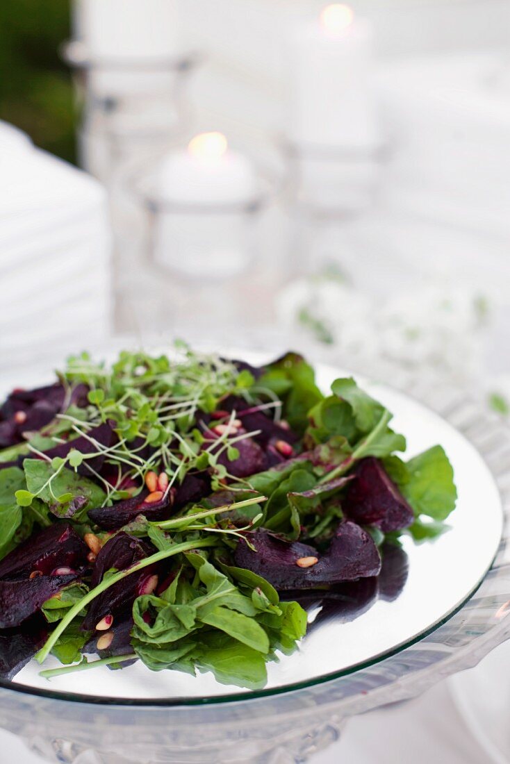 Beetroot and rocket salad with roasted pine nuts