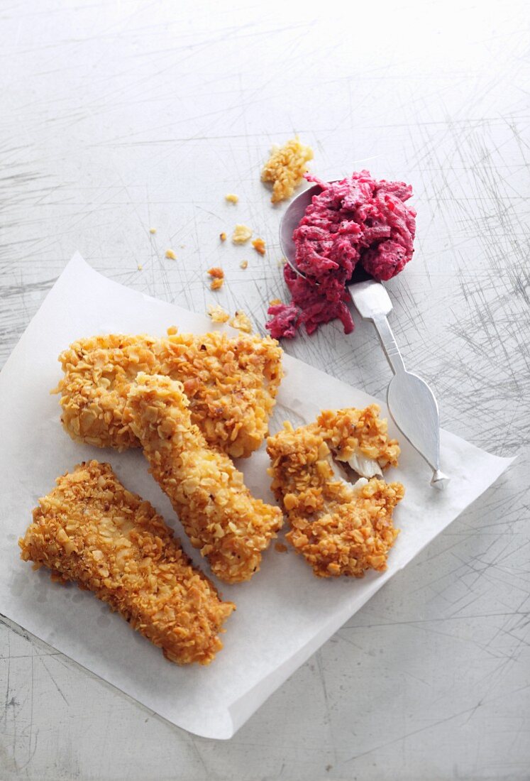 Breaded cod fillets with beetroot & horseradish relish