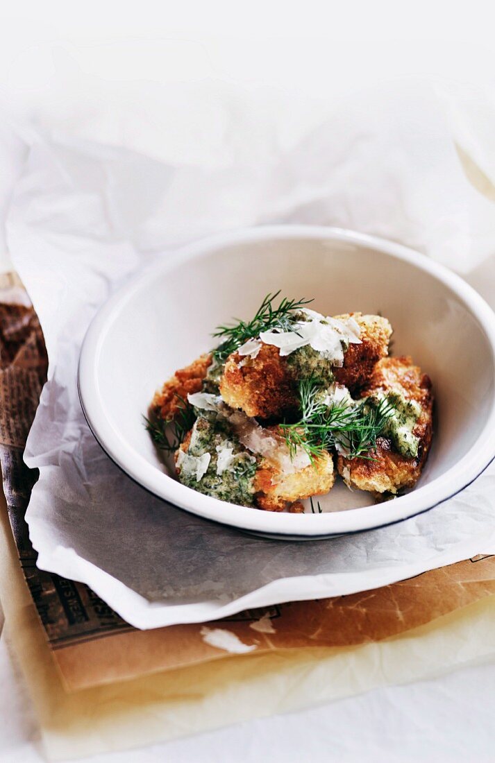 Crumbed lamb s brains with piquant herb sauce