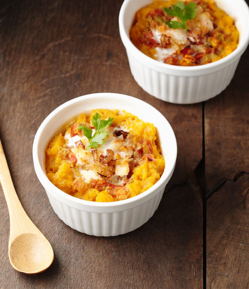 Sweet potato gratin with crab meat and prawns