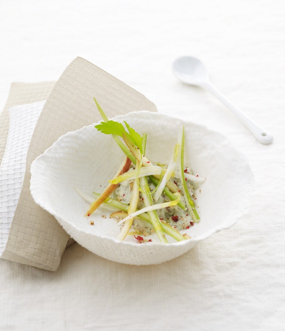 Julienne of autumn vegetables with pink peppercorns