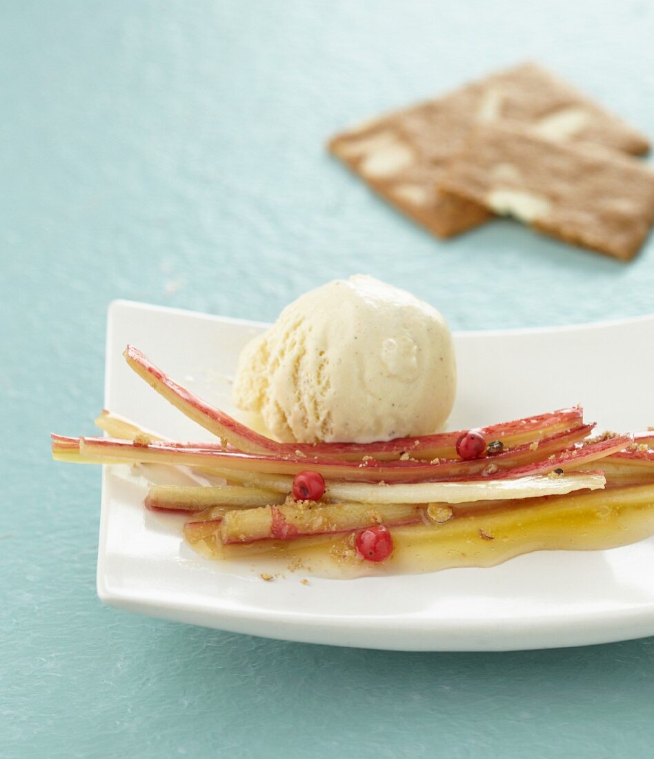 Rhubarb with five-pepper mix and vanilla ice cream