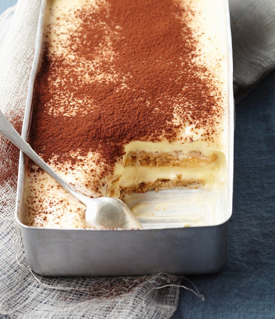 Tiramisu in a metal dish