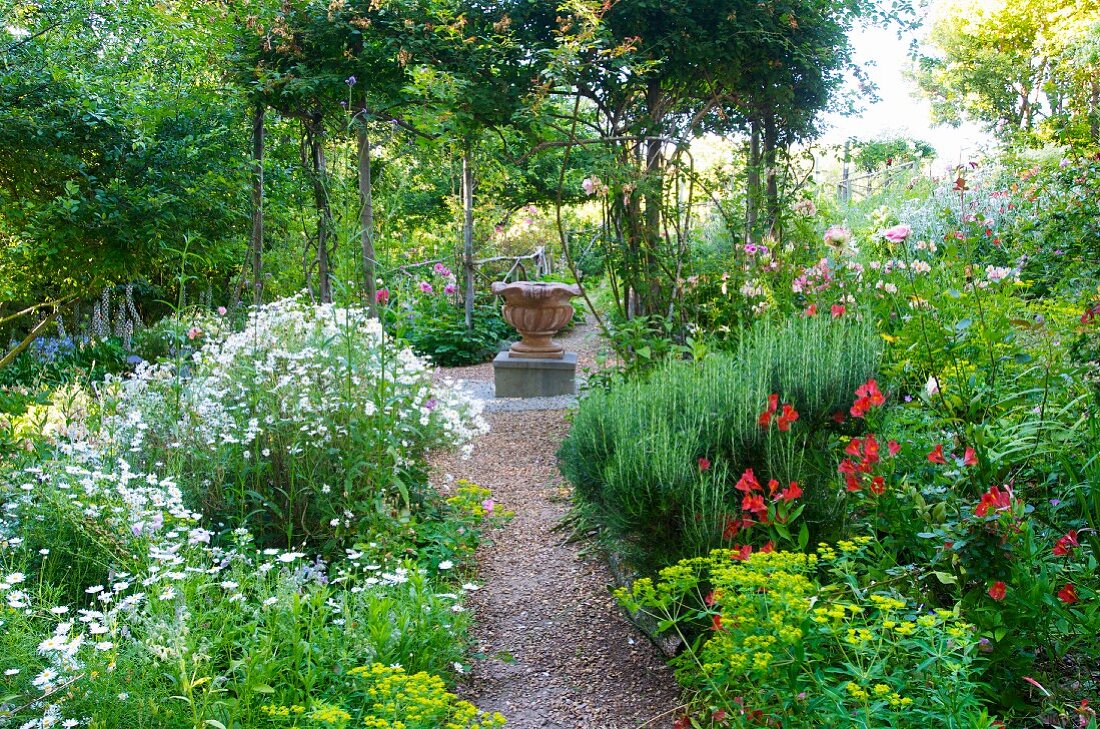 Fountain on gravel path in flowering garden