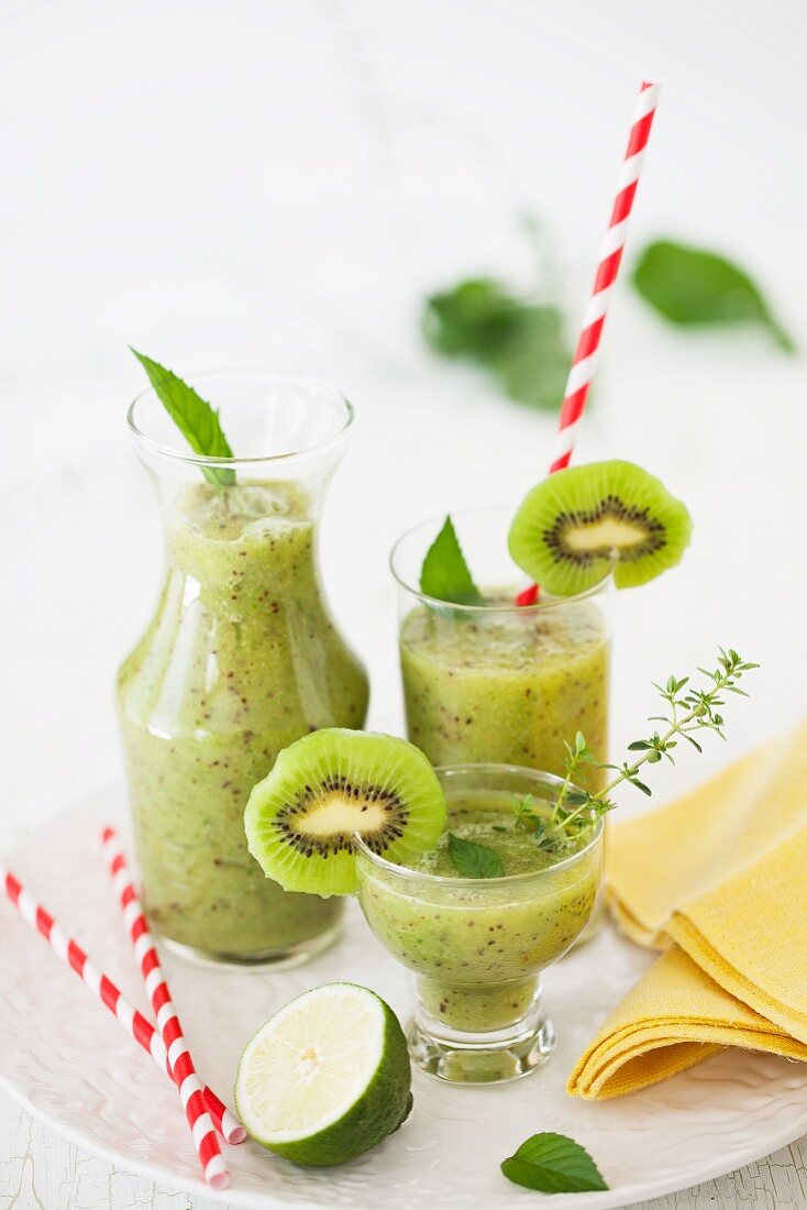 Kiwi Lime Smoothie in Three Assorted Glasses